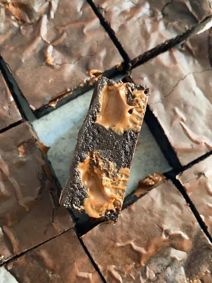 A single bite-sized piece of my gooey fudgy brownie with a Biscoff topping. The combination of rich chocolate and spiced cookie butter is simply divine.