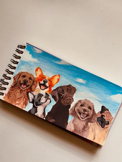 Another angle of the cheerful group dog painting, showing the different breeds and their happy faces under a bright blue sky. This piece is available for purchase.