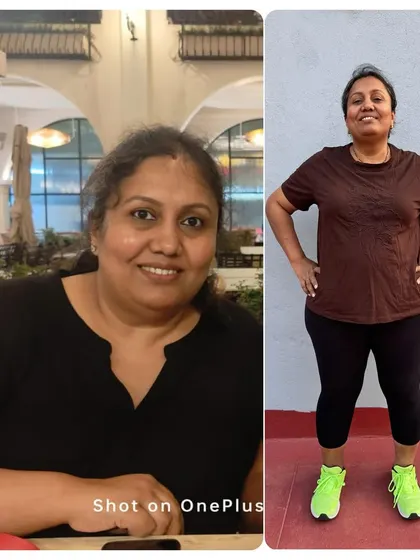 This client is 20 kgs down and has gained significant strength and flexibility. Her transformation shows a healthier, more active version of herself.