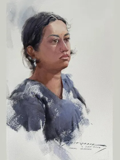 The final watercolour portrait from the Karnataka camp. I focused on capturing a thoughtful and serene expression.