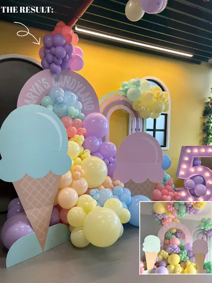 The result of our "Candyland" theme for a 5th birthday. We used pastel balloons to create ice cream cone shapes, along with a marquee number and custom backdrop.