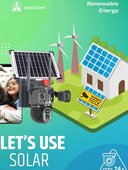 This graphic illustrates the power of solar energy for 24/7 security. My 3-lens 4G solar camera provides complete coverage for homes and remote areas, independent of the power grid.
