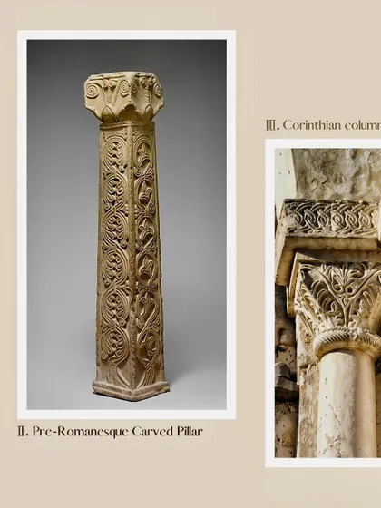 An inspiration board featuring examples of Pre-Romanesque and Corinthian columns. These ancient designs informed the intricate carvings and ornamental details of our 'Lost City' structures.