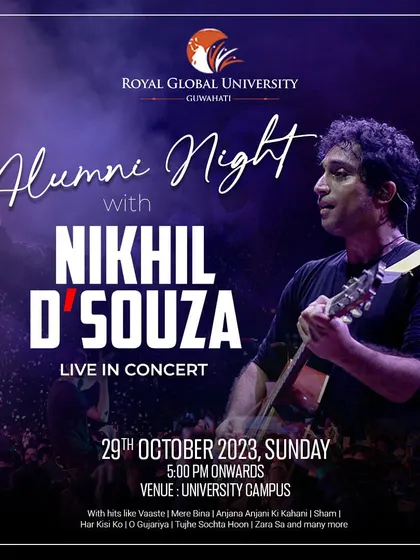The official poster for an 'Alumni Night' concert with Nikhil D'Souza at Royal Global University, Guwahati.