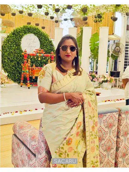 Our client Sangeetha looking poised in her custom Sacaru blouse, designed to elevate her gorgeous pistachio green Paithani saree.