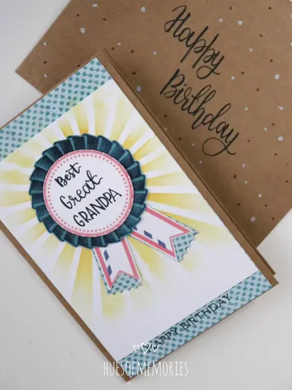 A birthday card for a 'Best Great Grandpa'. I used a prize ribbon stamp and ink blending to create the sun-ray effect in the background. It comes with a matching hand lettered envelope.