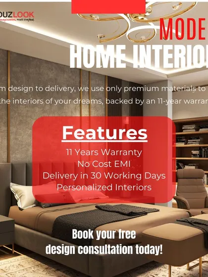 This graphic summarizes our key features: an 11-year warranty, no-cost EMI, delivery in 30 working days, and fully personalized interiors. We use only premium materials to create the home of your dreams.