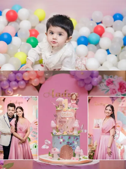 A collage from Aadya's party, featuring the family, the beautiful cake, and a fun shot of a baby in a ball pit.