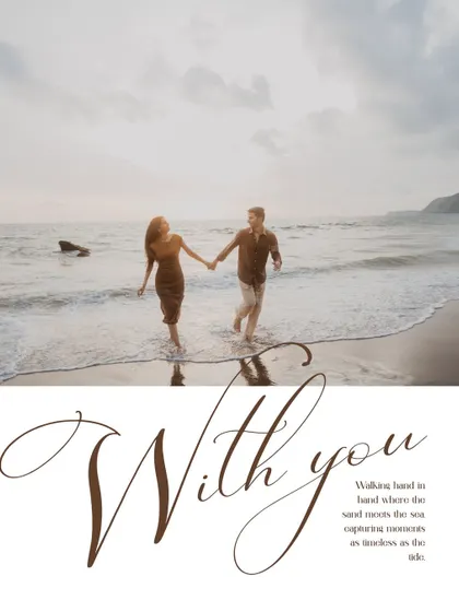 The couple walks hand-in-hand through the gentle surf. This shot, combined with elegant typography, creates a timeless and romantic save-the-date or album image.