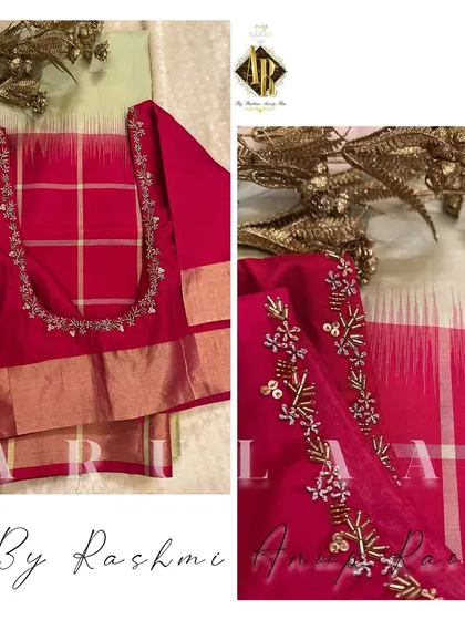A simple and elegant pink blouse with a delicate vine of embroidery around the neckline. This is a perfect choice when you want the saree to be the main focus.