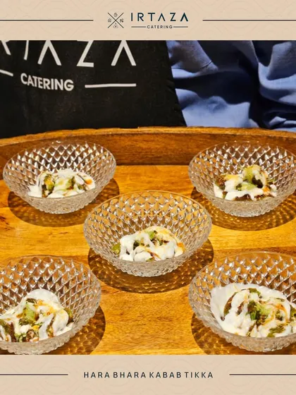 Hara Bhara Kebab Tikka served as a chaat in beautiful crystal bowls. This deconstructed presentation elevates a classic Indian appetizer into a gourmet small plate.