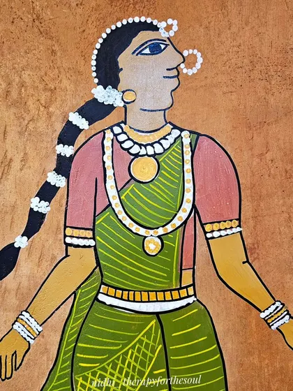 A detailed portrait of one of the female figures, showcasing the characteristic side profile, large eyes, and intricate jewelry typical of Cheriyal scroll paintings.