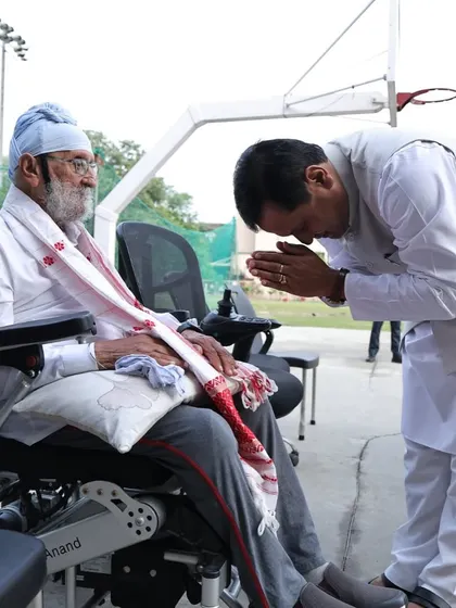 The tradition of 'Guru-Shishya' is the soul of our academy. This powerful moment captures Hon’ble Minister Shri Sarbananda Sonowal seeking blessings from his Guru, our founder Shri Gurcharan Singh. This deep respect is the foundation upon which we build great cricketers and human beings.