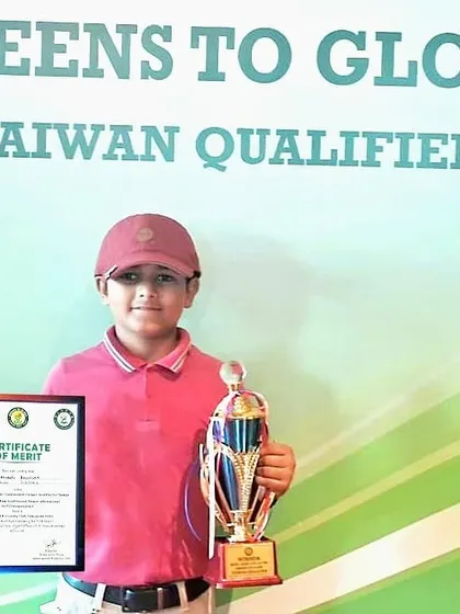 Taanush Kumar with his 1st place trophy at the Greens to Glory Junior Golf Tournament, qualifying him for the Taiwan International Golf Championship.