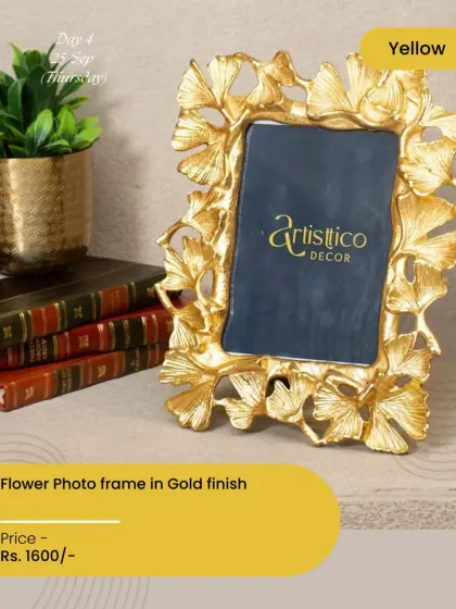 Celebrating the colour yellow for Navratri with this beautiful flower photo frame in a gold finish. It's a cheerful piece to display your favourite memories during the festive season.
