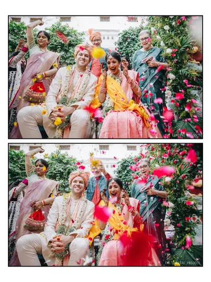 A shower of blessings and petals for the happy couple. This image captures the beautiful chaos and love as family members celebrate the union during the Haldi ceremony, a tradition filled with color and joy.