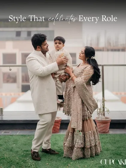 A beautiful family portrait from the Kanpur wedding. I styled the sister of the groom in a bump-friendly sharara, her husband in a coordinated off-white sherwani, and their little one in a matching outfit. This is what multigenerational styling is all about.
