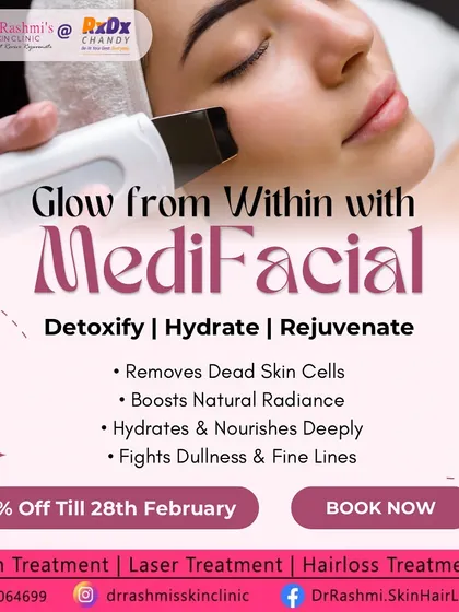 This graphic illustrates the power of a medi-facial to detoxify, hydrate, and rejuvenate. It's an effective treatment for removing dead skin cells, boosting natural radiance, and fighting dullness and fine lines.