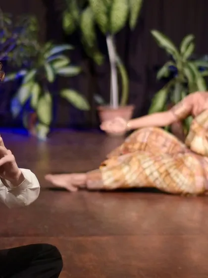 A moment from 'Les Flutes Enchantes,' an Indo-French collaboration where I danced to Debussy's 'Prelude to the Afternoon of a Faun'. This experimental work was a fascinating dialogue between Bharatanatyam and Western classical music and dance history.