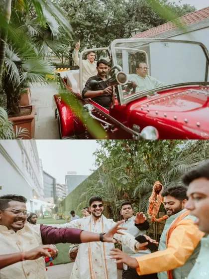 The energy of the Baraat, with the groom arriving in a vintage car and guests dancing with joy.