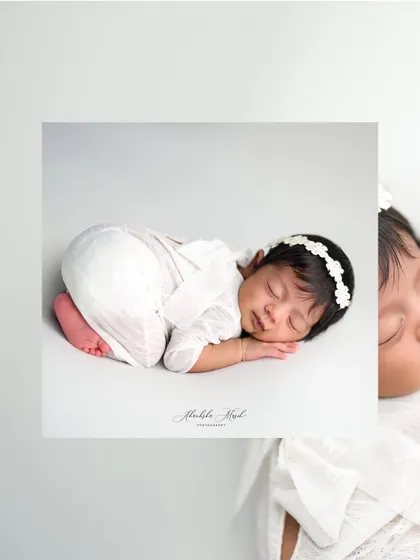 This collage shows a classic side-lying pose, perfect for capturing the profile of a newborn. The simple white outfit keeps the image clean and timeless.