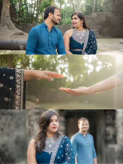 A storytelling collage from a pre-wedding shoot at a fort. It shows the couple interacting, a symbolic shot of their hands reaching for each other, and a portrait with a sense of depth and narrative.