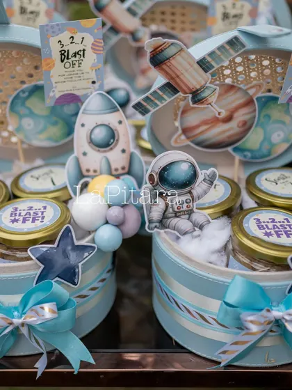 Customized party favors in space-themed boxes, ensuring every guest leaves with a memorable token from the cosmic celebration.