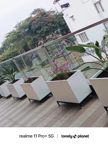 A clean, minimalist look for a modern balcony. We used a row of identical white FRP planters to create a uniform and elegant green border, complementing the tiled flooring and glass railing.