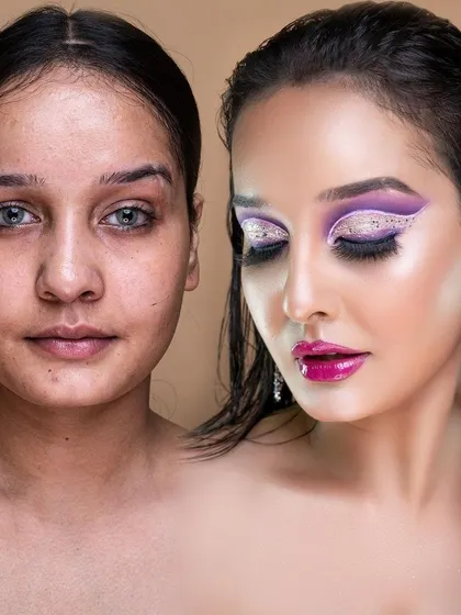 This creative makeup transformation features a graphic purple and silver glitter eye look paired with a vibrant fuchsia lip. It highlights my ability to execute artistic and colorful looks for clients who want to stand out.