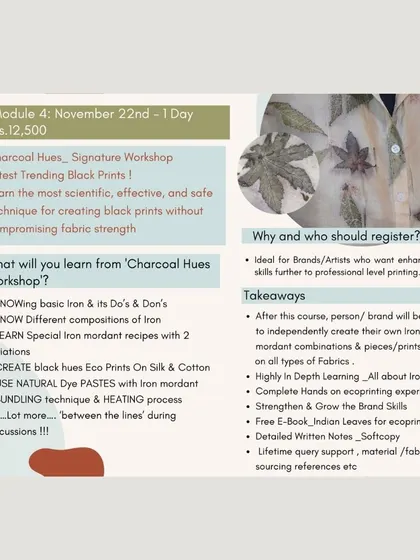 Details for our "Charcoal Hues" signature workshop. This one-day module is ideal for brands and artists wanting to learn the scientific and safe technique for creating black eco-prints.