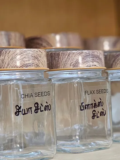 Why label transparent jars? Because it eliminates confusion for everyone in the family. No more mistaking salt for sugar or wondering which dal is which. Clear labels in both English and Tamil make this kitchen accessible to all.