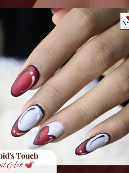 For a bold and graphic Valentine's look, I created this pop-art-inspired design. The matte red and white nails with black outlines give a 2D cartoon effect that’s incredibly unique and eye-catching.