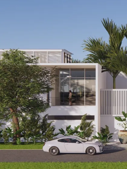 An exterior render for a modern farmhouse, designed to blend in with its natural surroundings. The white facade, large glass windows, and clean lines create a contemporary yet peaceful home.