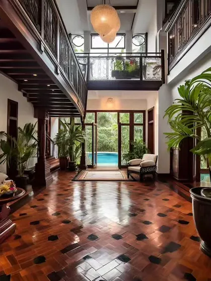 An example of a traditional Indian courtyard-style home with a double-height ceiling, intricate woodwork, and a view of a private pool.