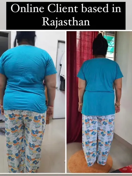 This back view comparison of my online client from Rajasthan shows a clear reduction in waist and hip measurements, demonstrating that effective coaching knows no distance.