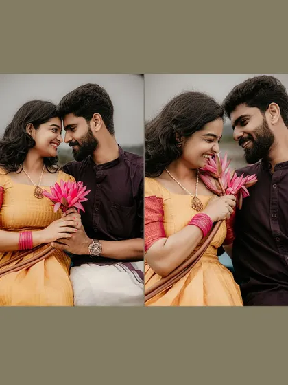 A diptych of close-up portraits showing the couple's loving and playful interactions on the boat.