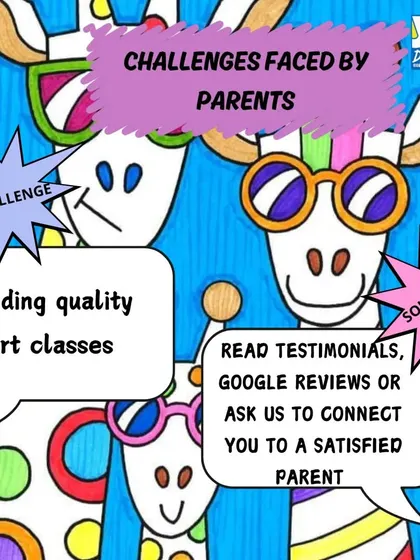 This graphic addresses a common challenge for parents: finding quality art classes. We build trust by sharing testimonials and reviews, and we invite you to speak with a satisfied parent.