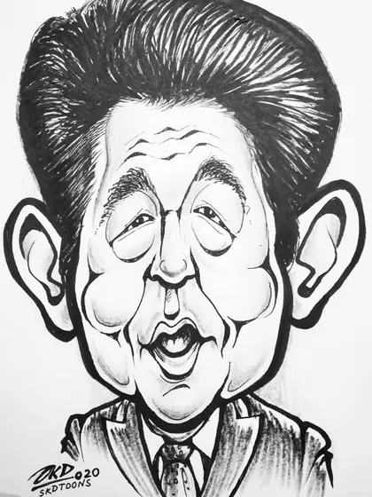 A caricature of former Japanese Prime Minister Shinzo Abe, drawn when he declared a state of emergency in Japan. The drawing exaggerates his features to create a memorable portrait.