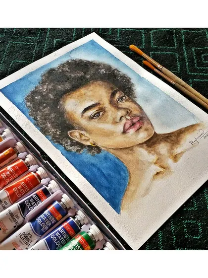 A slightly different perspective on the same watercolor portrait, highlighting the subject's expression.
