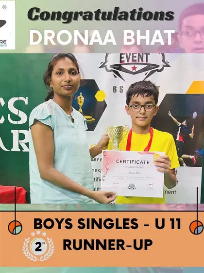 Congratulations to Dronaa for achieving 2nd place in the Boys' Singles Under 11 category. His hard work and focus are commendable.