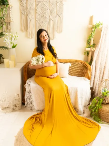A bright and sunny portrait in a yellow gown, taken in my boho lifestyle set. The natural elements and cheerful color create a happy vibe.
