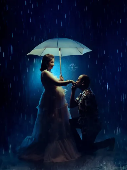 Love shines brightest even in a storm. This creative couple's maternity portrait uses a dramatic rain effect to create a romantic and cinematic moment, showcasing our ability to craft unique, story-driven images.