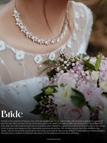 A detailed shot focusing on the bride's necklace and bouquet, with a beautiful text overlay defining the moment.