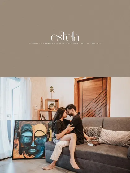 A stunning album cover design featuring an intimate sofa portrait with the couple's names and a romantic tagline.