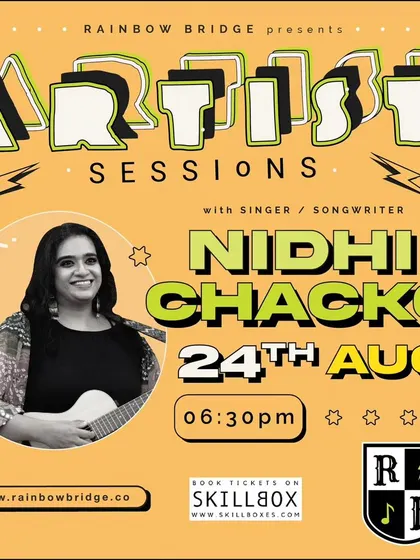 The poster for our artist session with Nidhi Chacko, a songwriter dedicated to crafting authentic narratives through music. We support artists who bridge cultures and emotions.