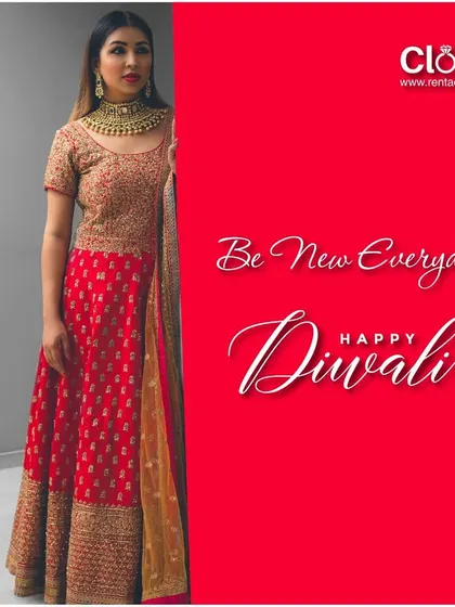 A festive Diwali greeting featuring a model in a classic red and gold lehenga. This timeless outfit is perfect for any traditional celebration or as a wedding guest.