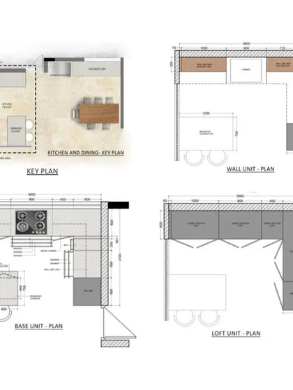 The floor plan and unit layouts for the award-winning kitchen. This demonstrates our focus on ergonomic design and efficient space planning, ensuring every inch of the kitchen is utilized effectively.