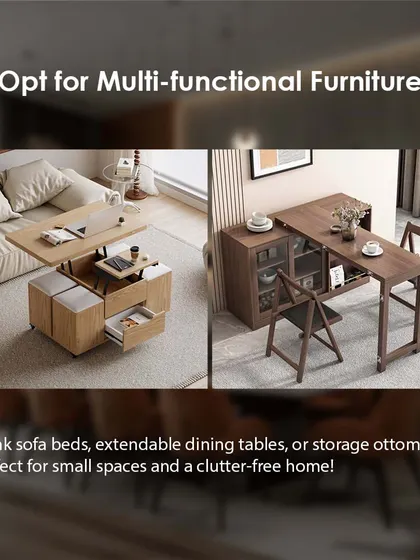 An infographic showcasing multi-functional furniture like a lift-top coffee table with storage and an extendable dining table, perfect for small spaces.