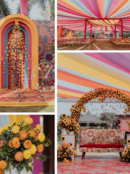 A collage showcasing the vibrant, marigold-themed decor of a Haldi ceremony. We used colorful drapes, sunflower arches, and traditional patterns to create a rich, festive look.