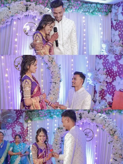 This collage captures several moments from a Maharashtrian ring ceremony, including the bride speaking during the *ukhane* and the couple exchanging rings and flowers.